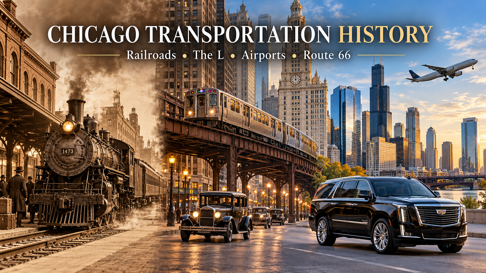 Chicago transportation history illustrated with an early steam train, elevated railway, and modern luxury airport transportation.