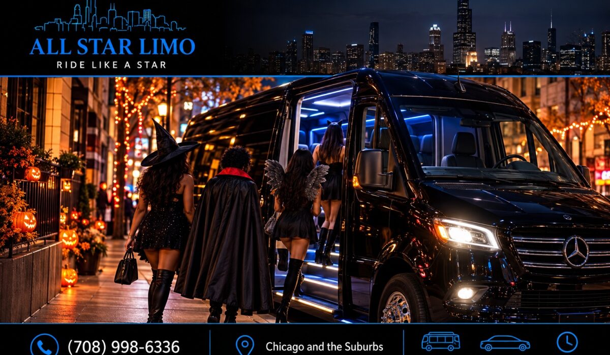 Costumed group boarding a black Sprinter party bus on a Chicago street on Halloween night, with jack-o'-lanterns and the skyline behind