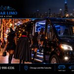 Costumed group boarding a black Sprinter party bus on a Chicago street on Halloween night, with jack-o'-lanterns and the skyline behind