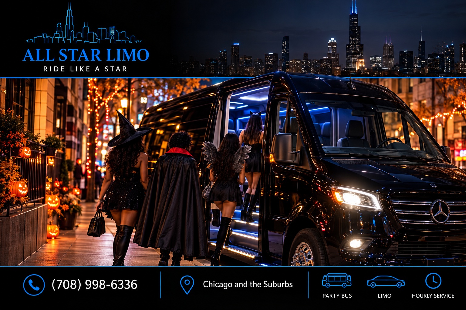 Costumed group boarding a black Sprinter party bus on a Chicago street on Halloween night, with jack-o'-lanterns and the skyline behind