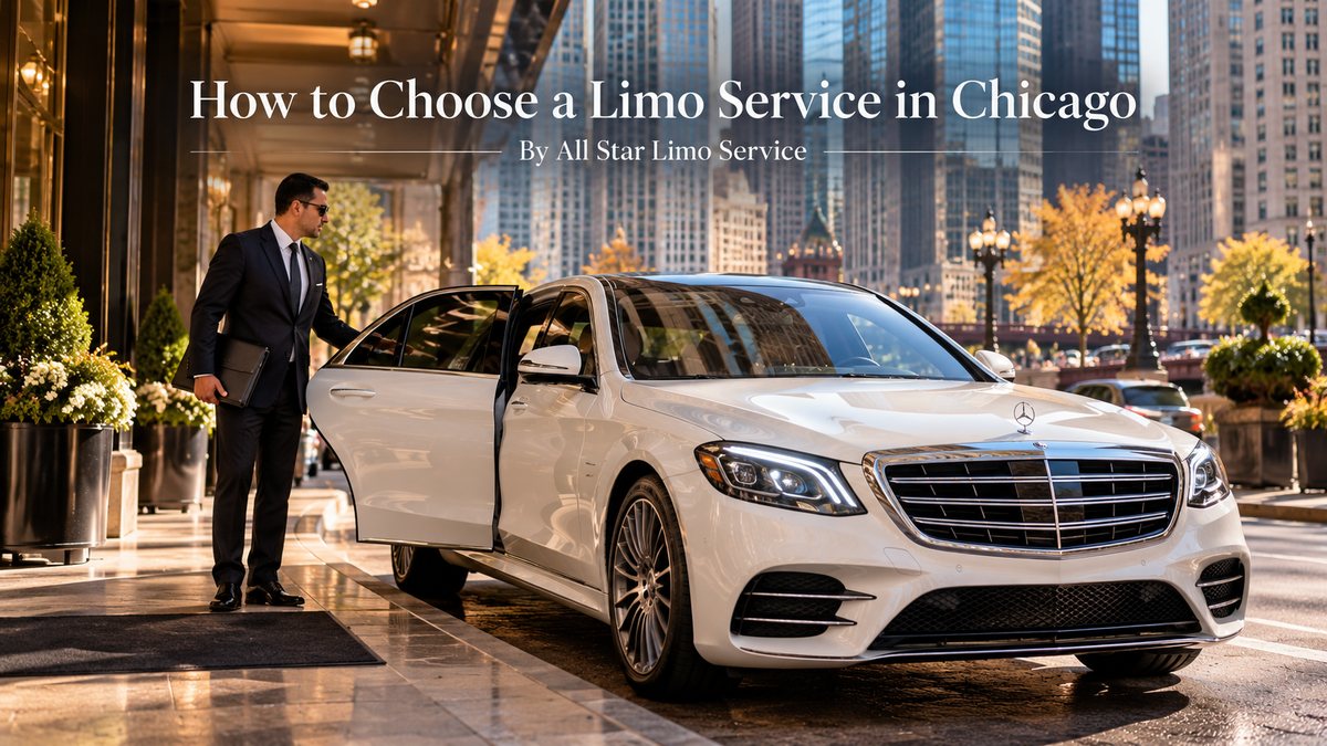 How to choose a limo service in Chicago, with a white Mercedes-Benz S-Class and chauffeur waiting outside a downtown Chicago hotel entrance on a bright morning