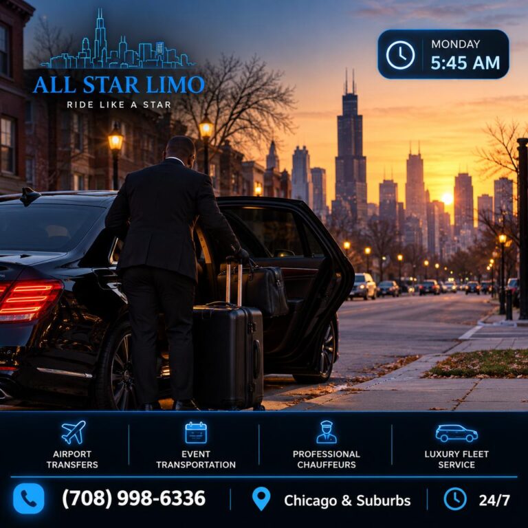 Chauffeur loading a suitcase and briefcase into a black sedan at dawn for an early Monday car service ride to Midway Airport, with the Chicago skyline behind.