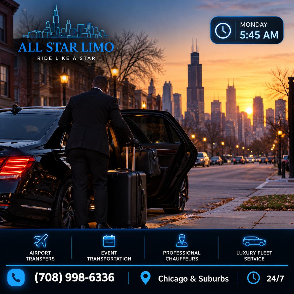 Chauffeur loading a suitcase and briefcase into a black sedan at dawn for an early Monday car service ride to Midway Airport, with the Chicago skyline behind.