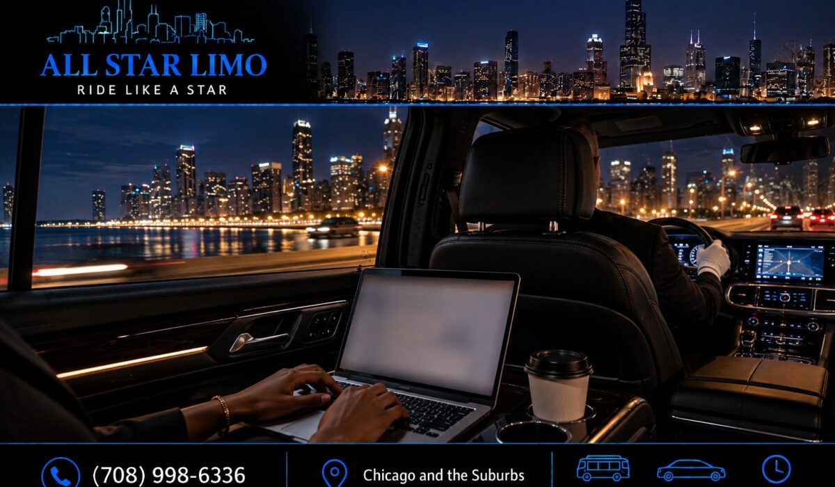 Passenger working on a laptop in the back seat of a black SUV at night, with the Chicago skyline and lakefront passing by as a gloved chauffeur drives