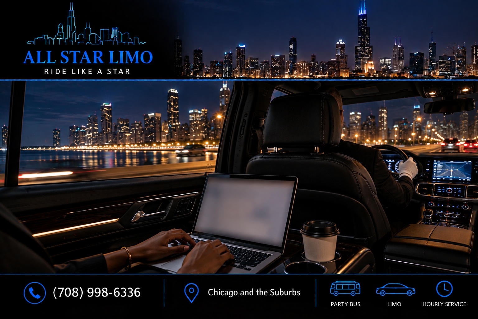 Passenger working on a laptop in the back seat of a black SUV at night, with the Chicago skyline and lakefront passing by as a gloved chauffeur drives