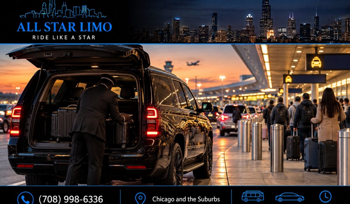 Chauffeur loading luggage into a black SUV at an airport arrivals curb at dusk, while travelers wait in a taxi line nearby