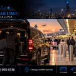 Chauffeur loading luggage into a black SUV at an airport arrivals curb at dusk, while travelers wait in a taxi line nearby