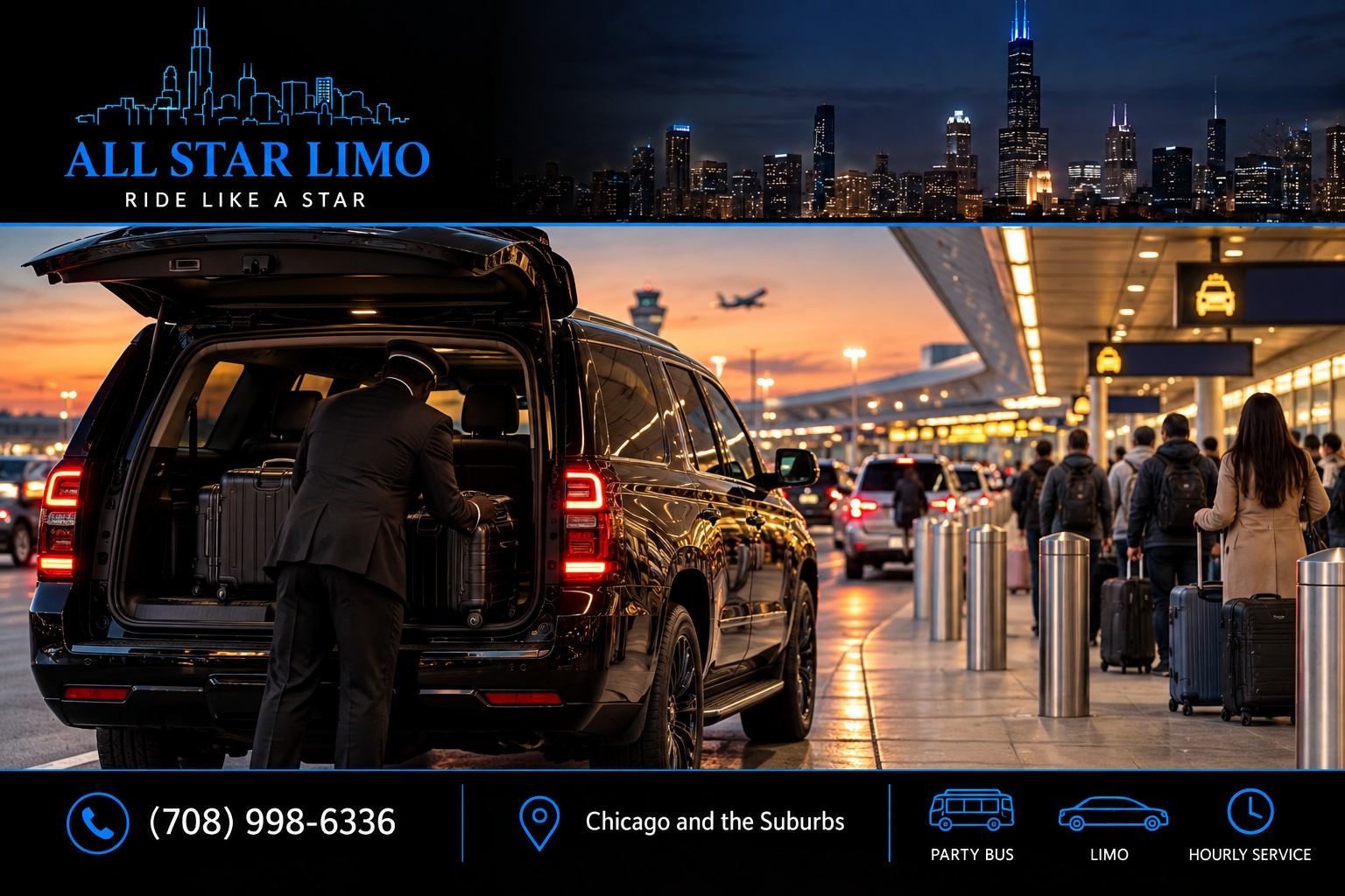 Chauffeur loading luggage into a black SUV at an airport arrivals curb at dusk, while travelers wait in a taxi line nearby