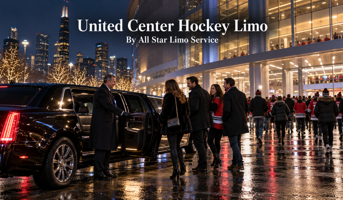 United Center hockey limo with a black stretch limo and chauffeur dropping off fans outside a Chicago arena on a game night