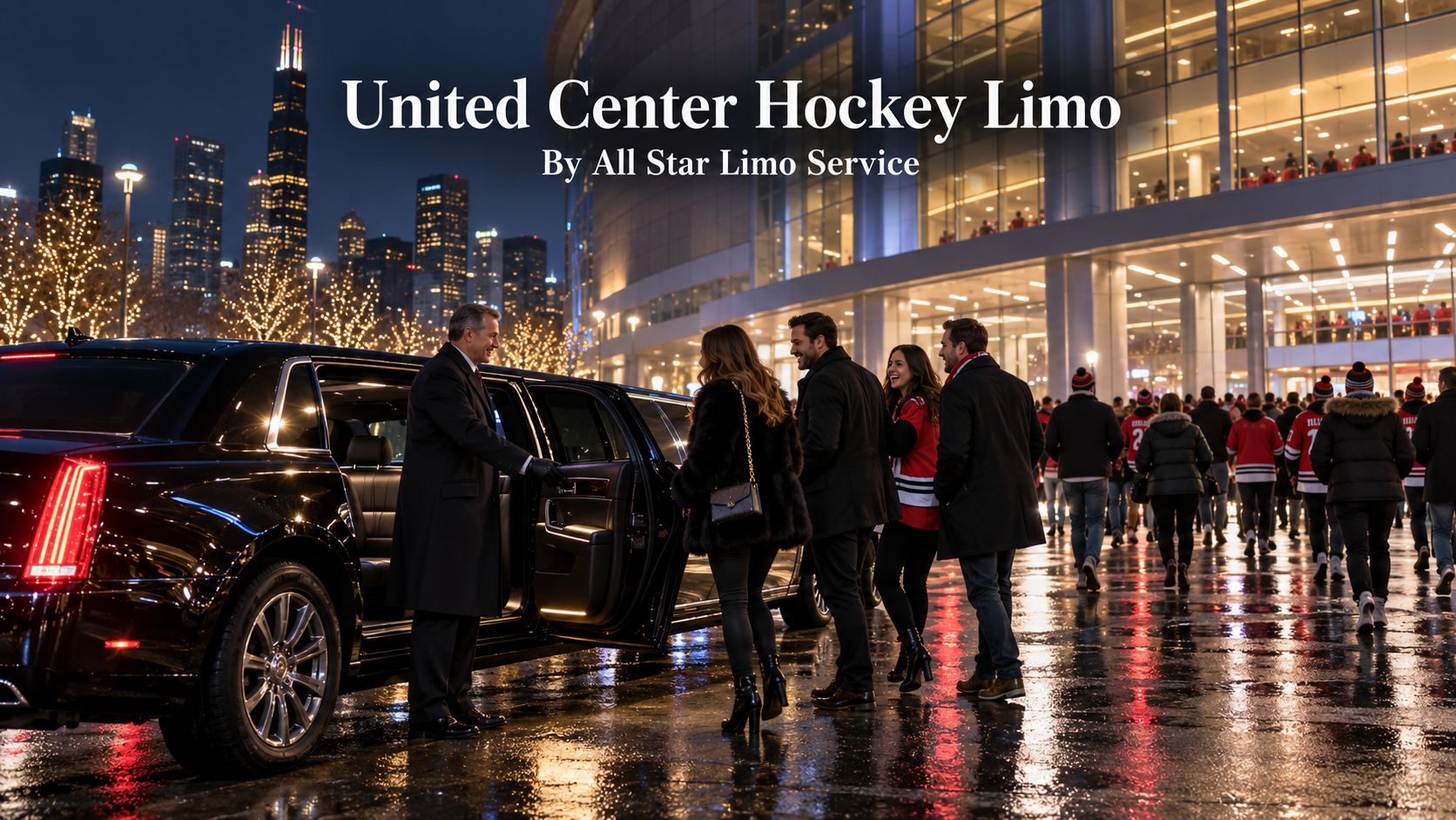 United Center hockey limo with a black stretch limo and chauffeur dropping off fans outside a Chicago arena on a game night